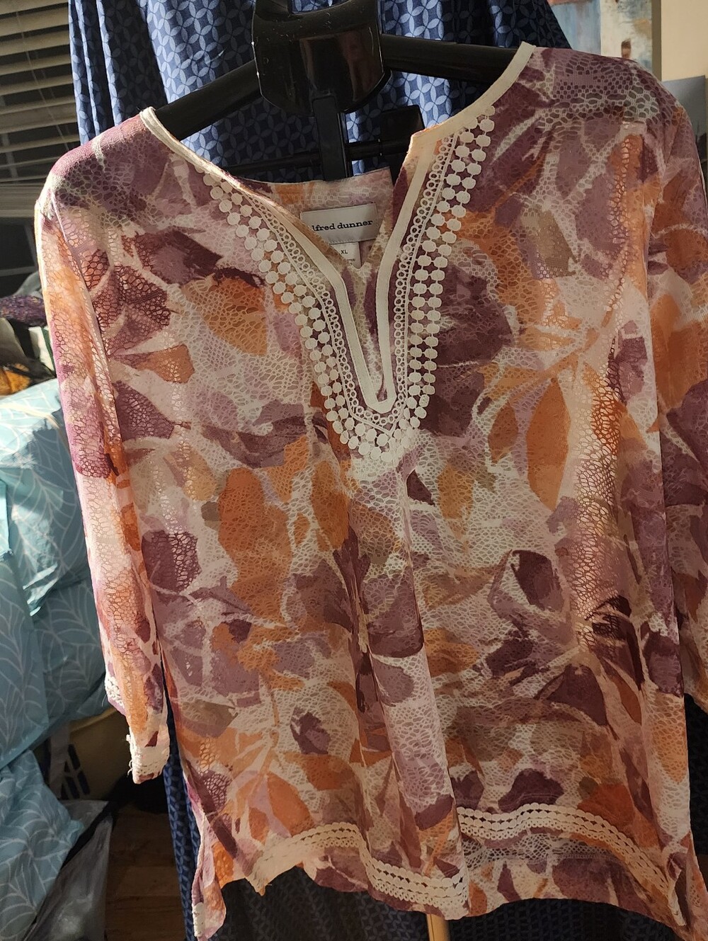 Alfred Dunner Women’s XL Knit Tunic Top Floral Purple Orange Beige V-Neck 3/4